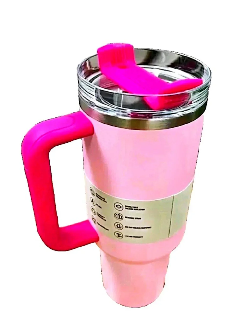 40oz Pink Insulated Tumbler With Handle & Straw Travel Mug Cup - Picture 2 of 2